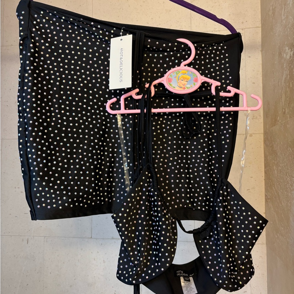 Hot & Delicious Black and iridescent, rhinestones Skirt & Crop Top Set